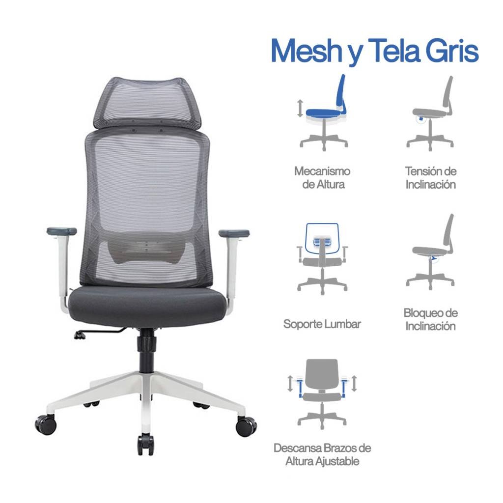 Silla Ejecutiva H7 Mesh Gris Estructura Blanca